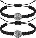 Two-pack black braided adjustable bracelets with silver Saint Benedict medal charms
