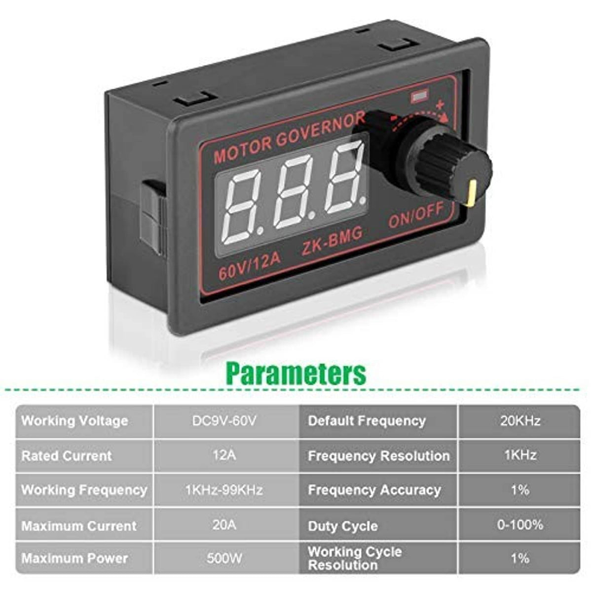 Black motor governor speed controller with LED 0.0.0 display, dial, and ON/OFF