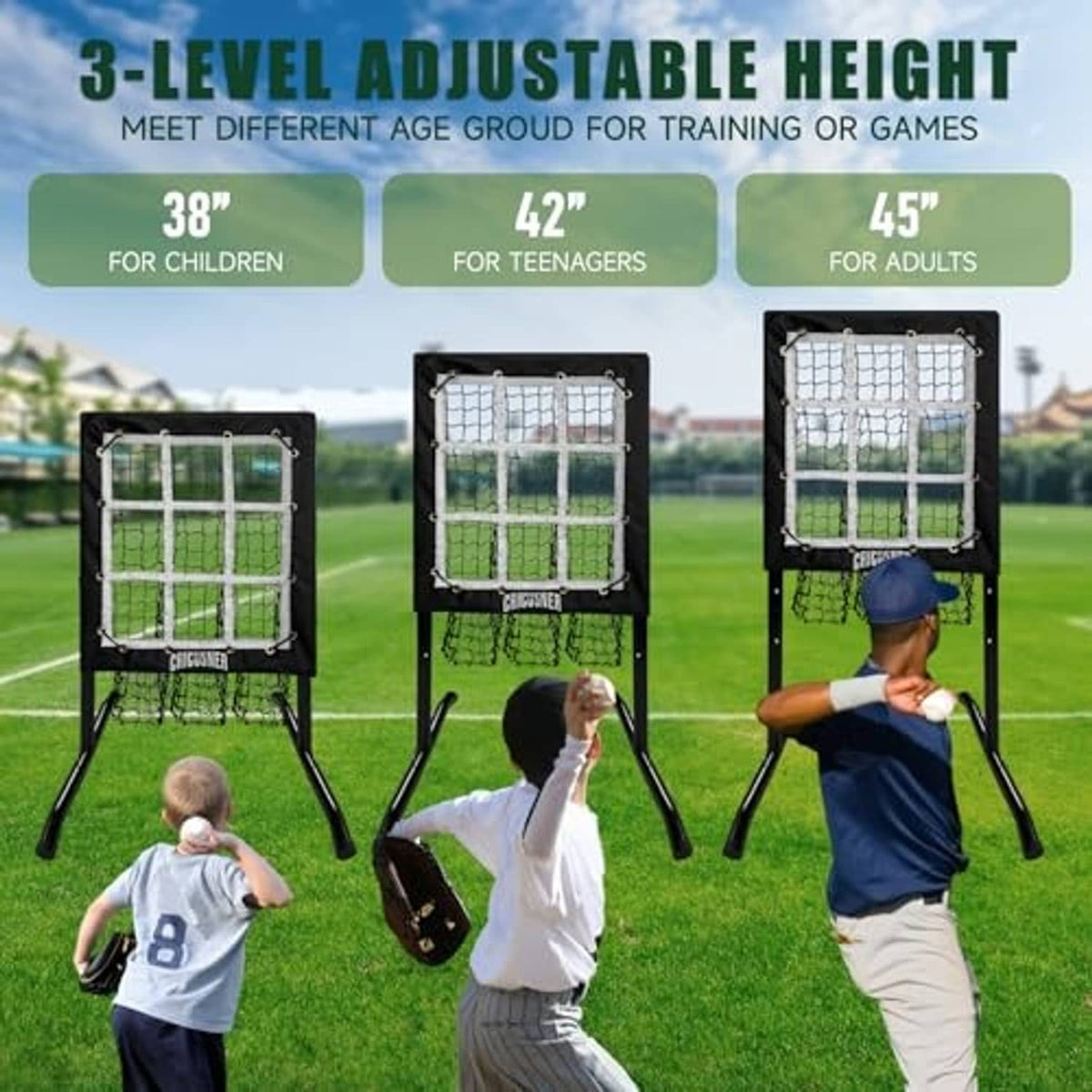 Adjustable pitching net with strike-zone mesh in three height settings