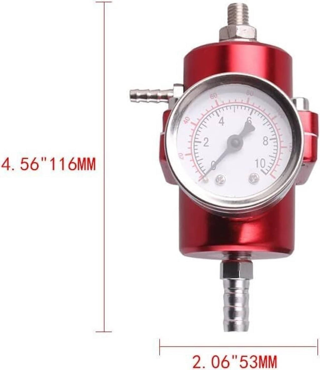 Red fuel pressure regulator with round analog gauge and threaded inlet fitting