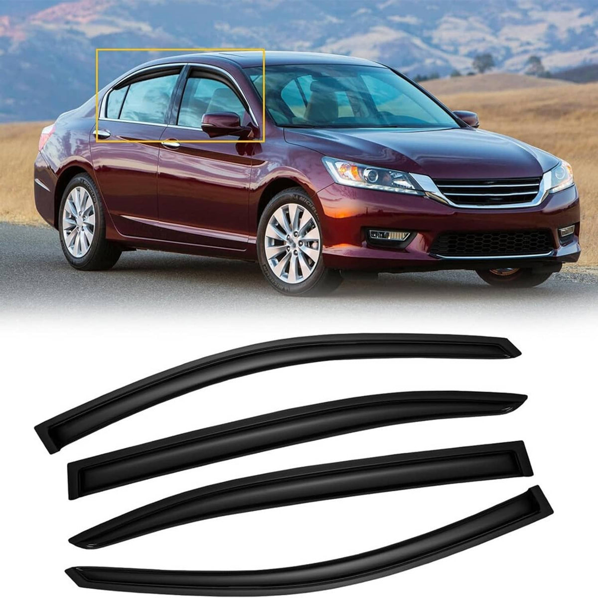 Black window visor rain guards set for car side windows, slim curved strips