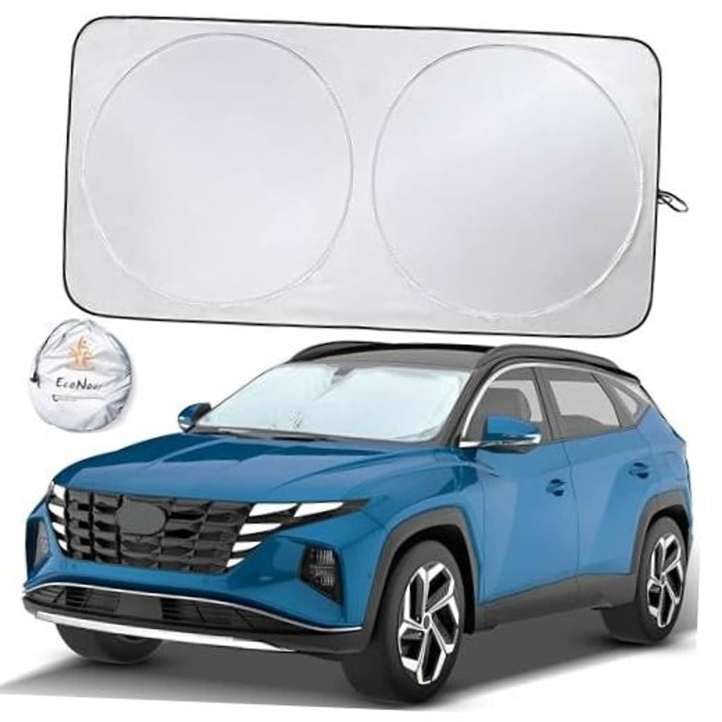 Large front windshield sun shade, folded rectangle with two circular panels and pouch