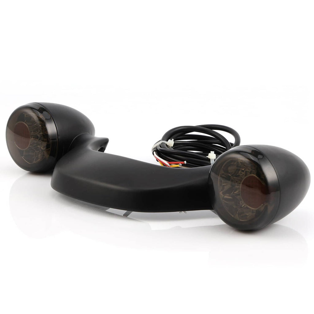 Black rear turn signal brake light bar with two round smoked lenses