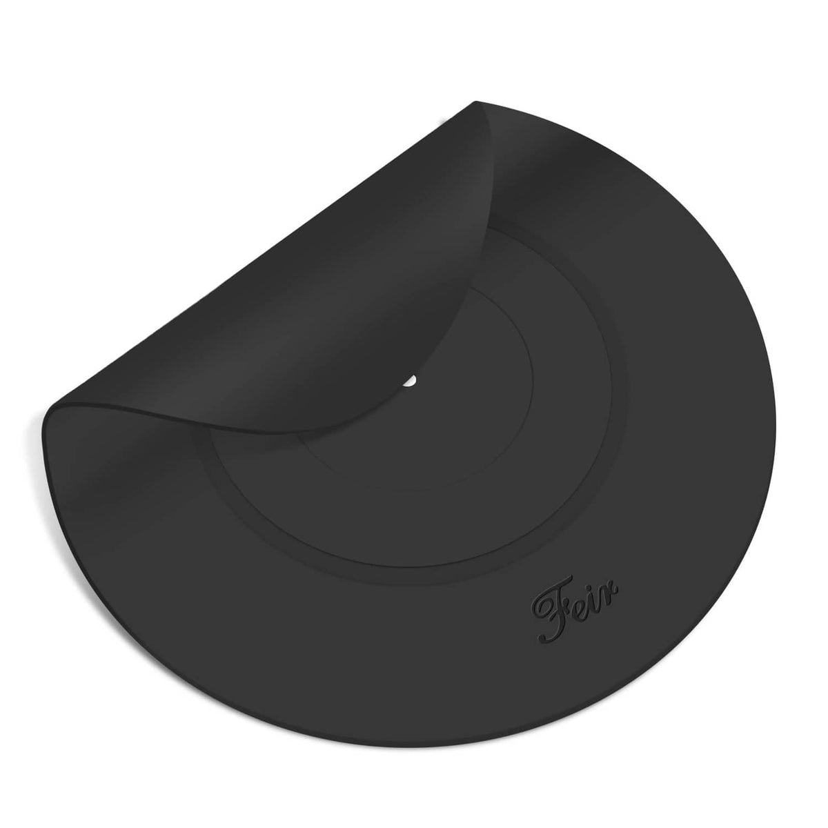 Black circular platter mat, angled view with concentric rings and center hole