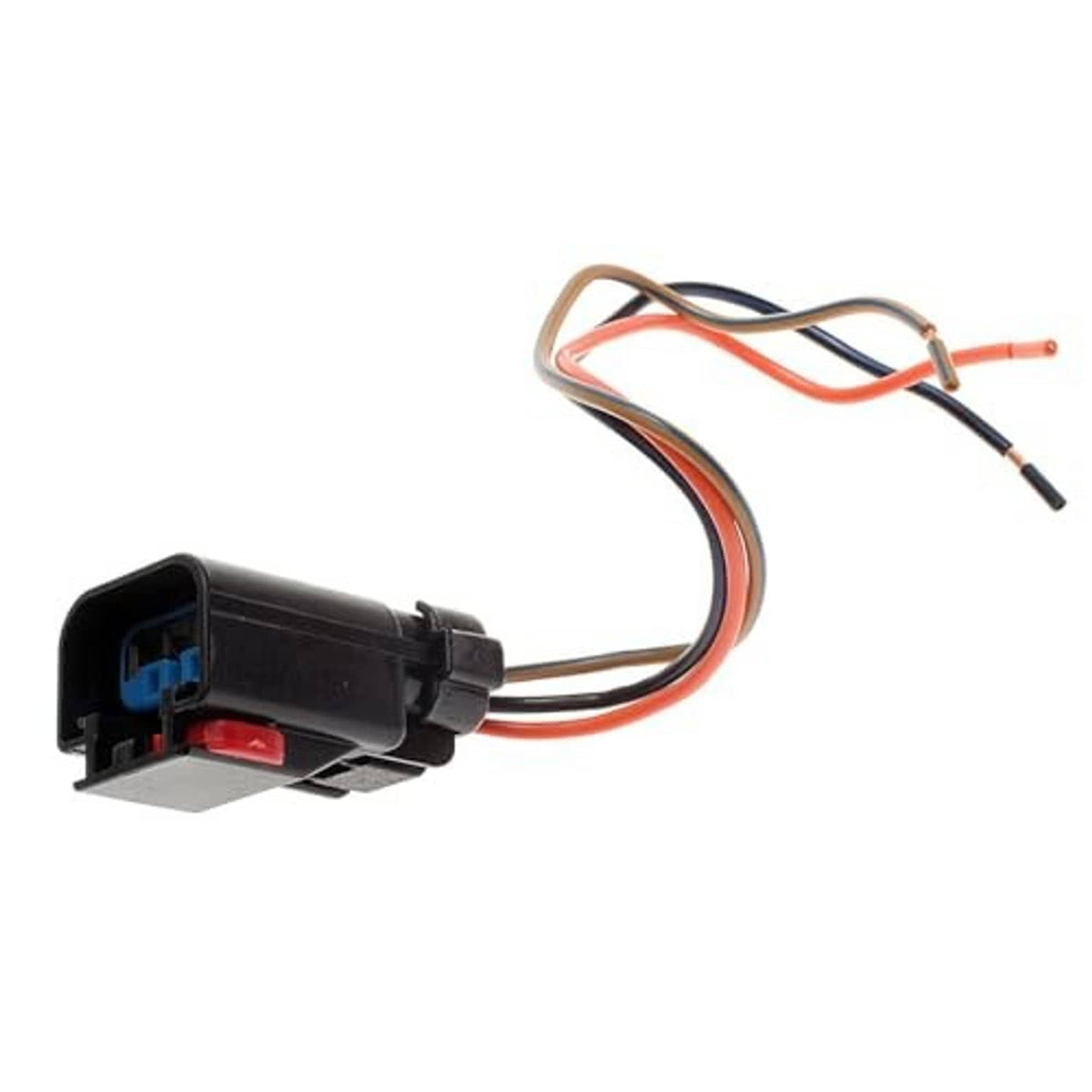 Wiring harness pigtail connector with black housing and color-coded wire bundle