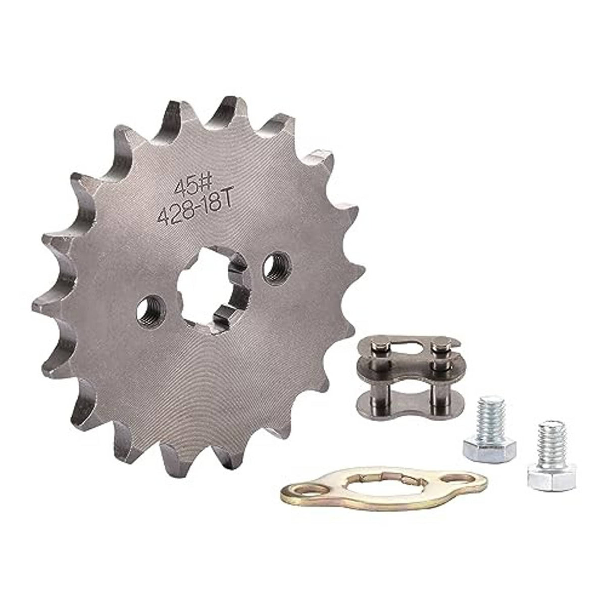 Motorcycle front sprocket 428-18T kit with screws, connector link, and retainer