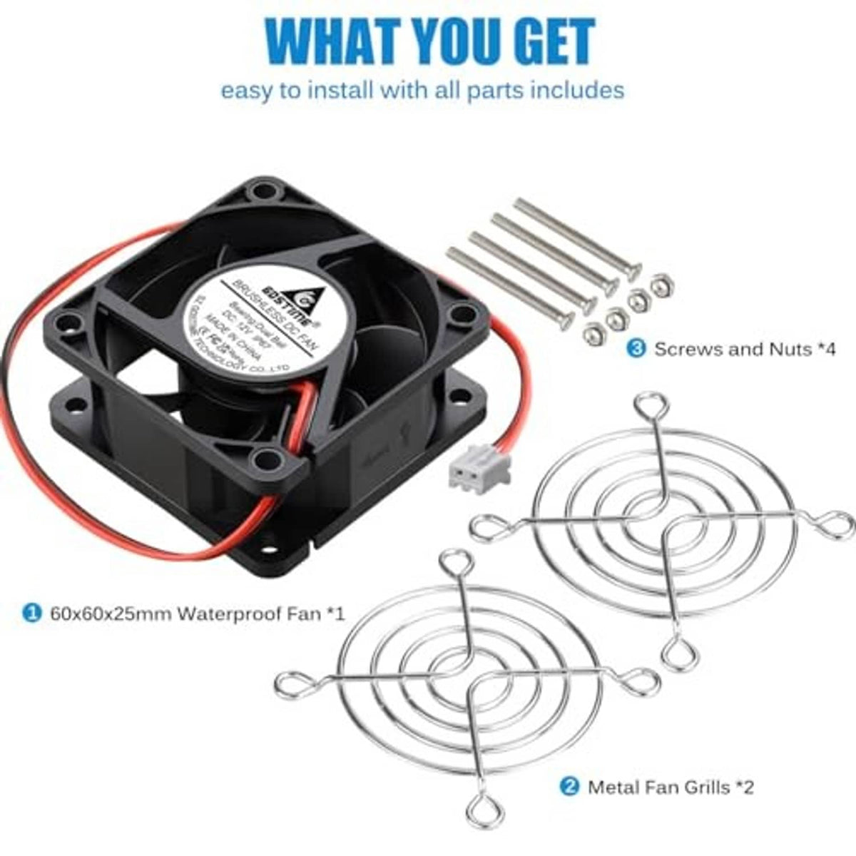 Cooling fan kit with black fan, power wires, and two metal fan grill guards