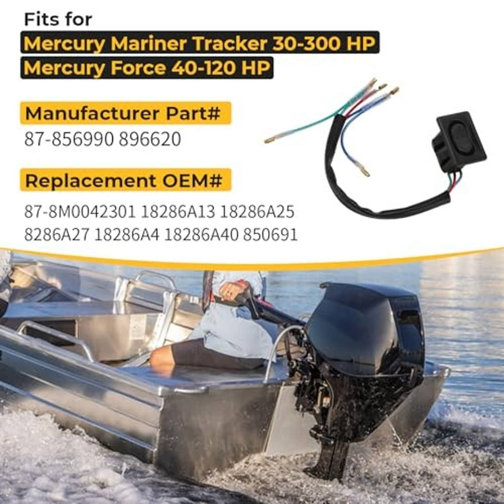 Tilt switch and multicolor wire harness with brass terminals beside a boat engine