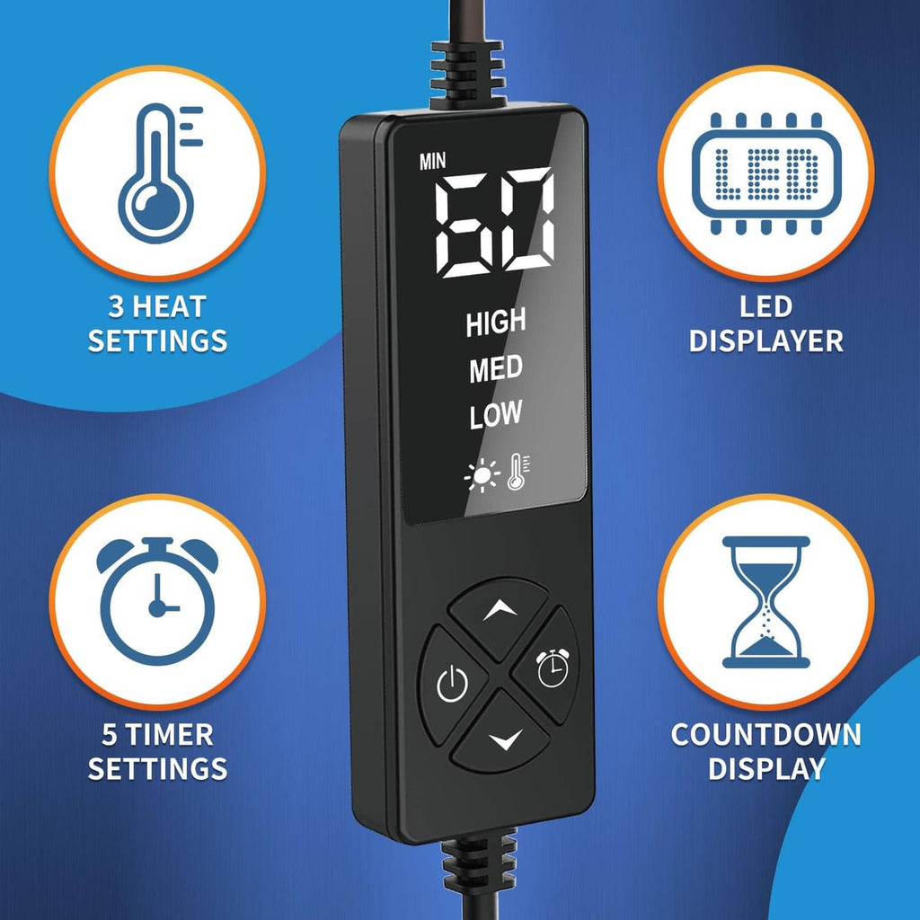 Black wired heating controller with LED display, buttons for heat levels and timer
