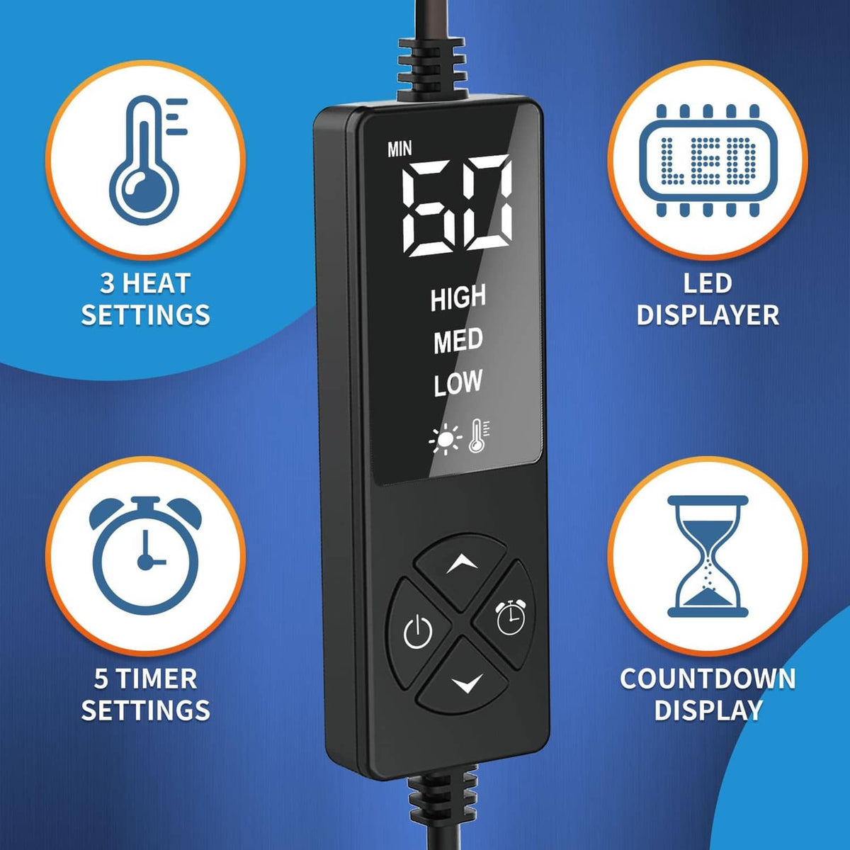 Black wired heating controller with LED display, buttons for heat levels and timer
