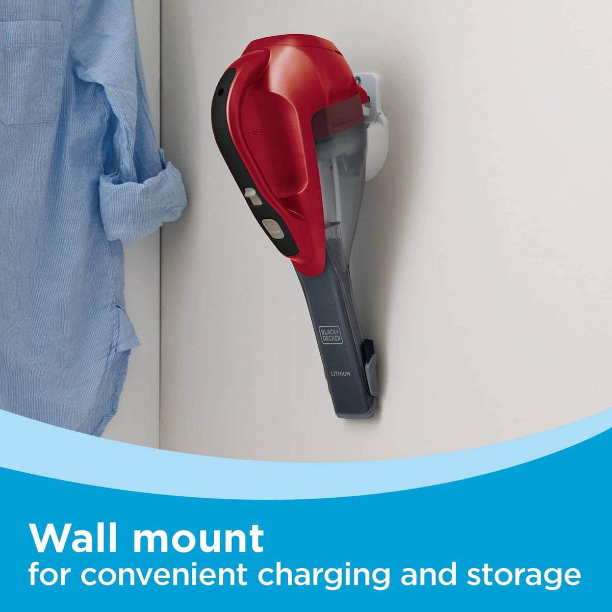 Wall-mounted cordless handheld vacuum in red and black with charging-ready dock