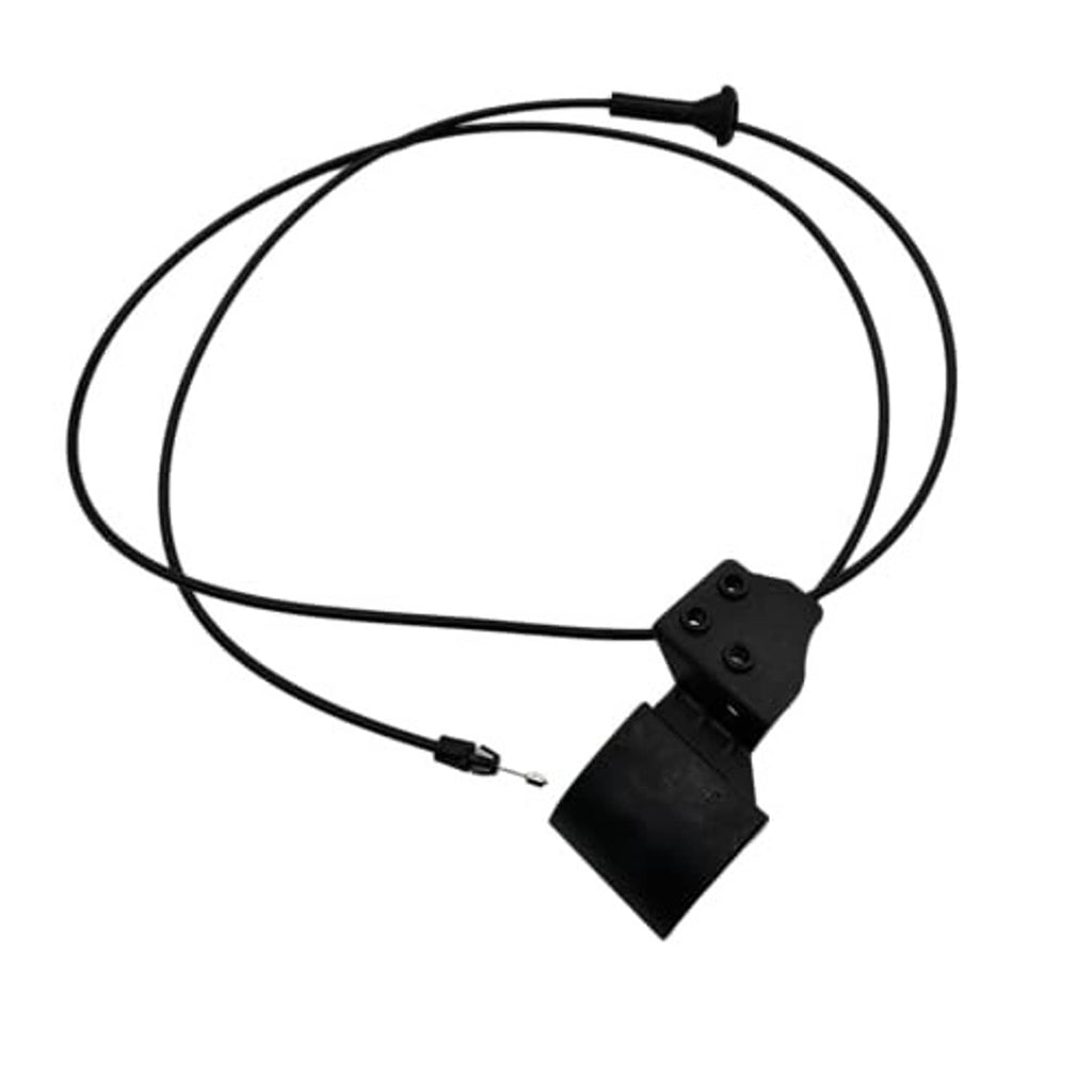 Black hood release cable with handle and black actuator bracket, looped wiring