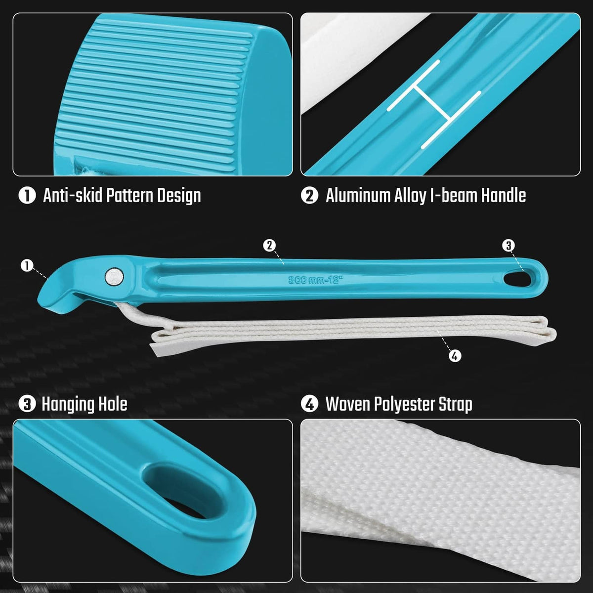 Blue 12-inch strap wrench with hanging hole and woven polyester strap.
