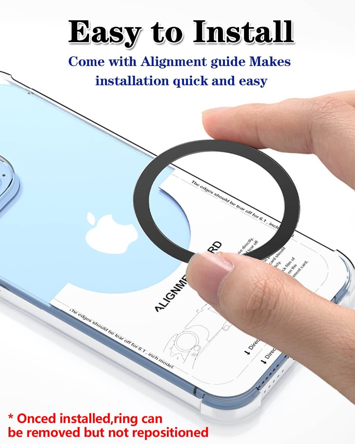 Black magnetic ring sticker installation on phone back with alignment guide
