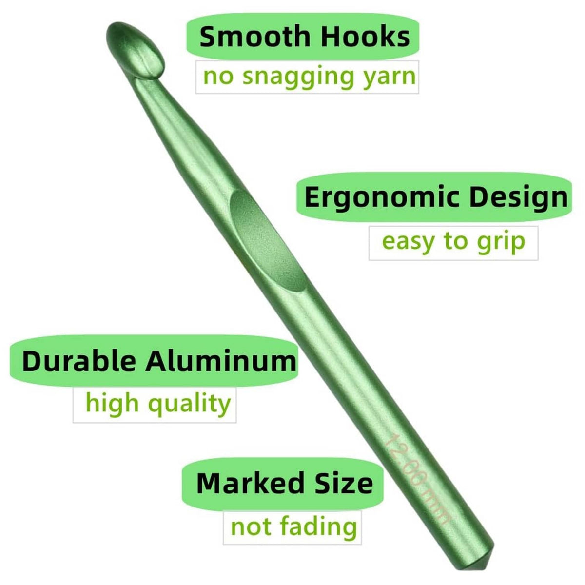 Green large crochet hook with smooth snag-free throat and ergonomic grip