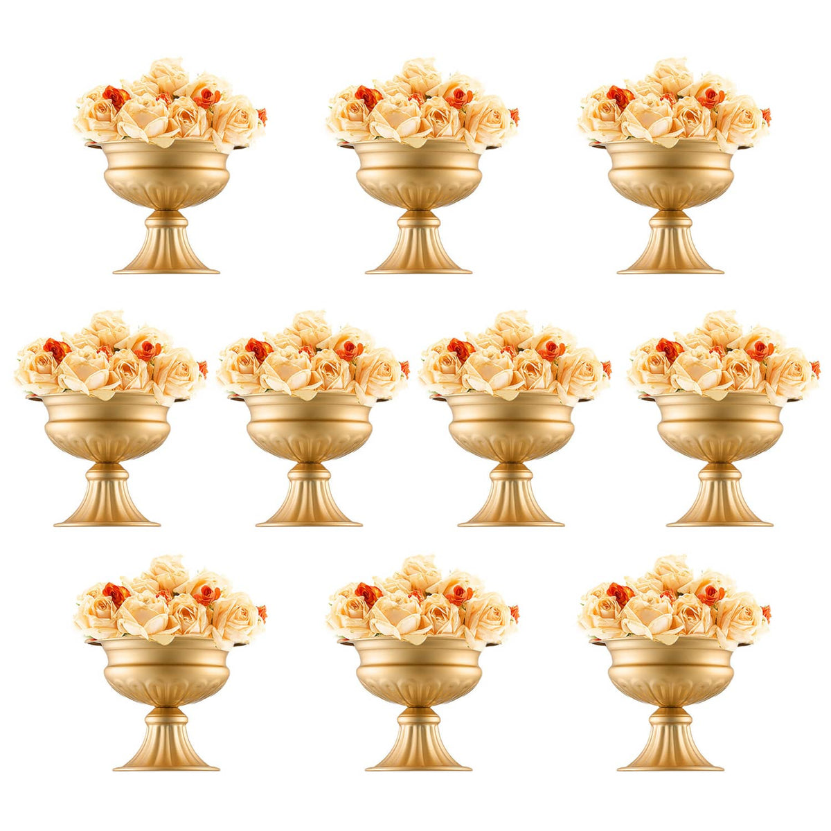 Gold metal flower vase stands with cream and orange artificial rose arrangements