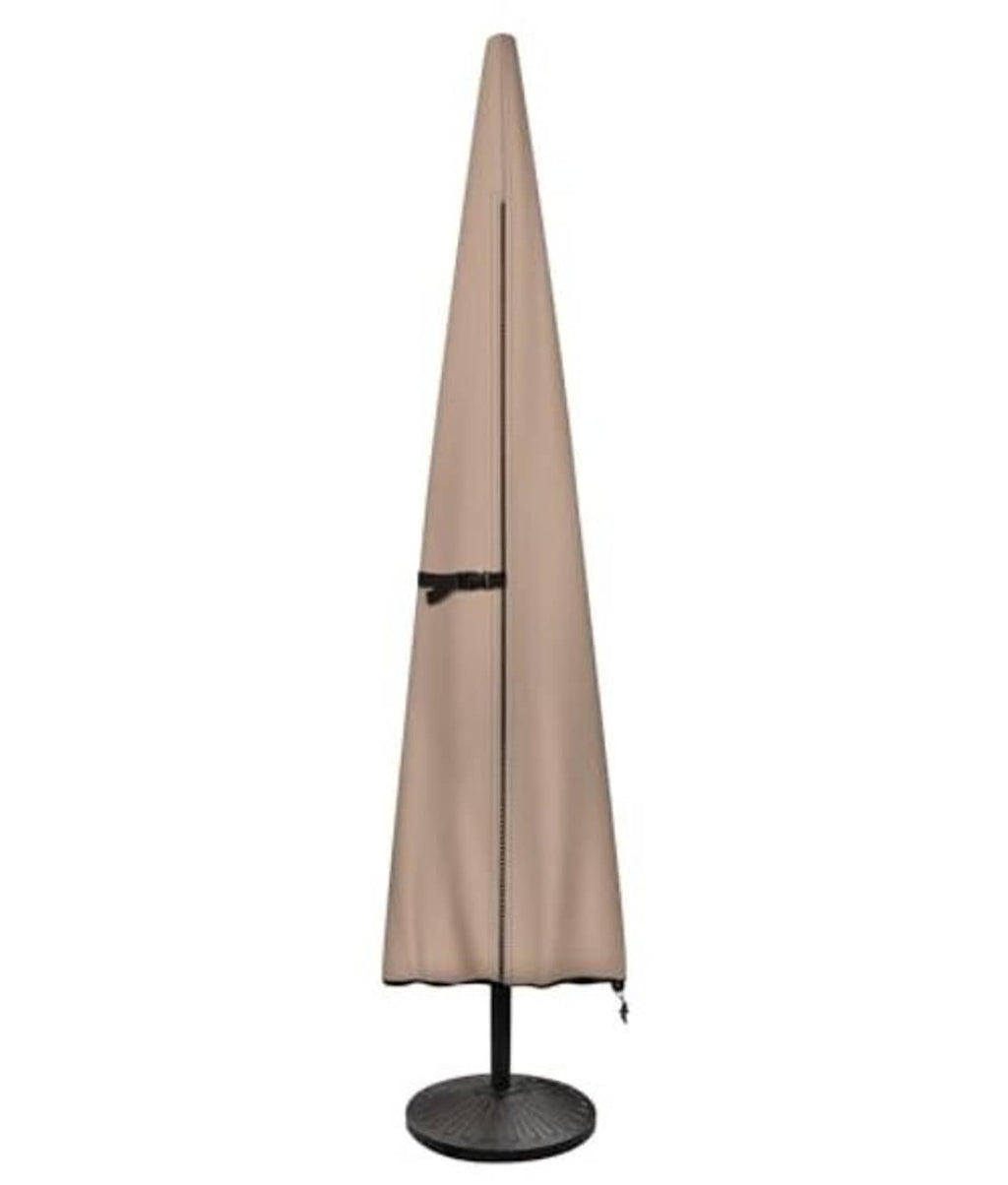 Beige patio umbrella cover with black trim band and fitted bottom over a base stand.