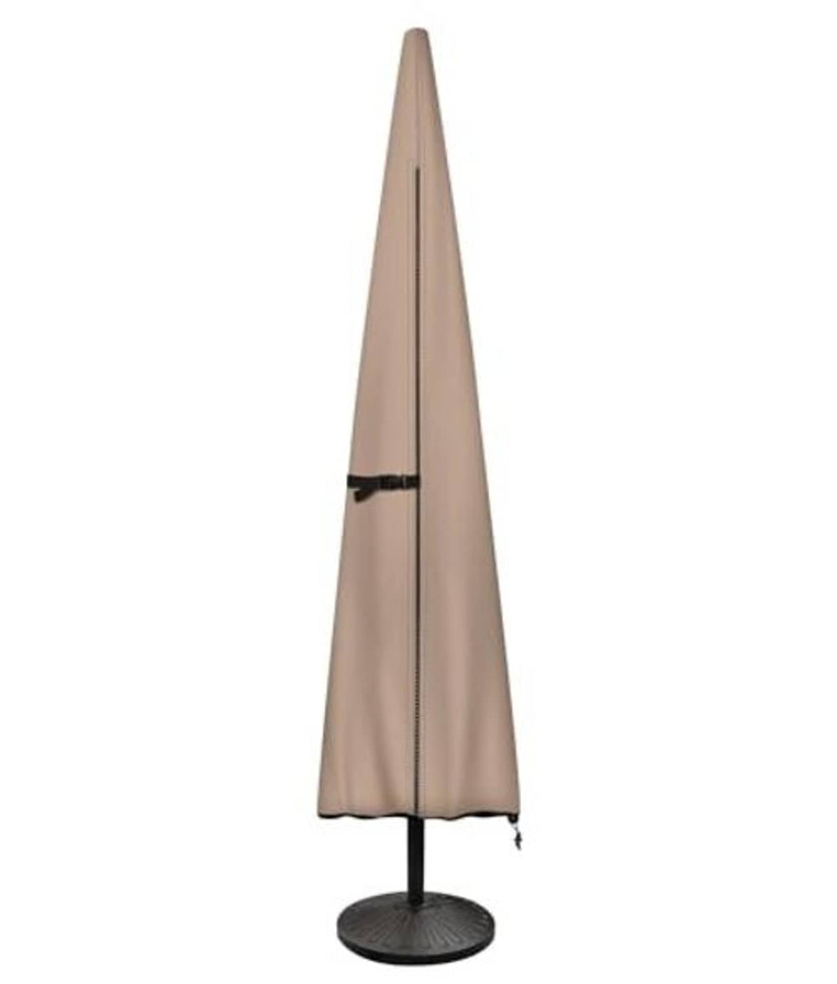 Beige patio umbrella cover with black trim band and fitted bottom over a base stand.