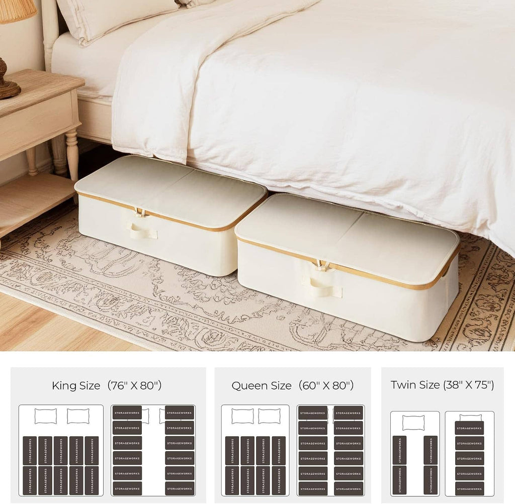 Two under-bed storage bins with lids, white with tan trim and front fabric pull handles