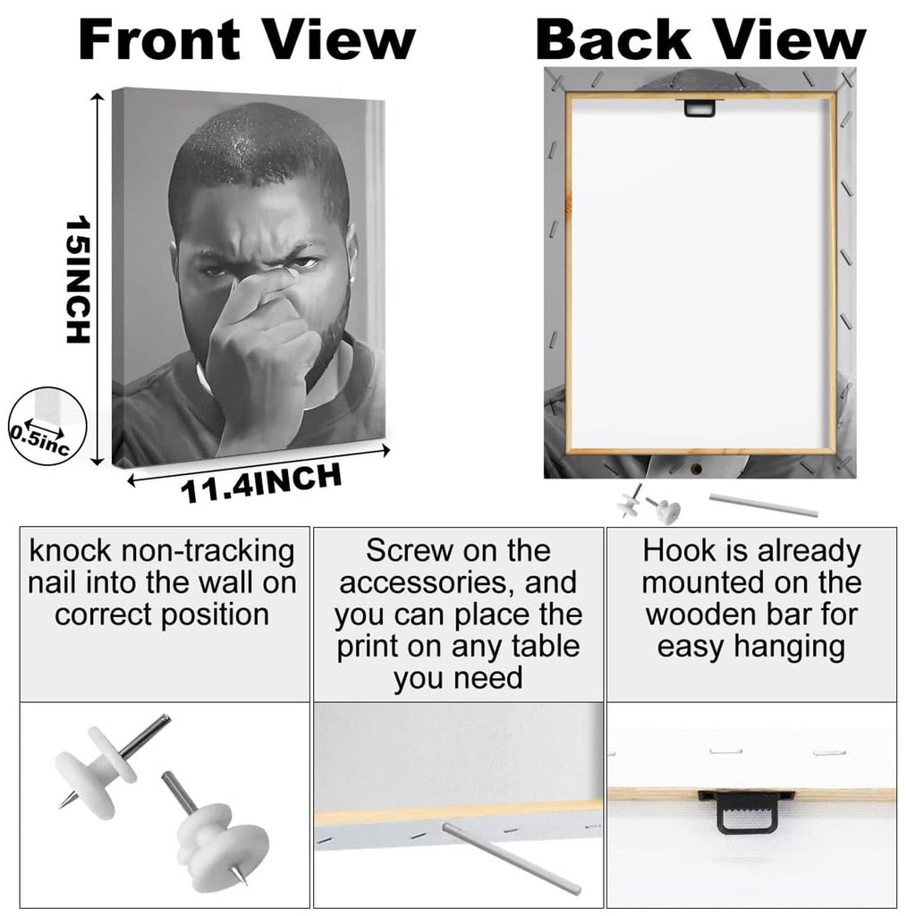 Canvas wall art showing front portrait and back frame with mounting hardware