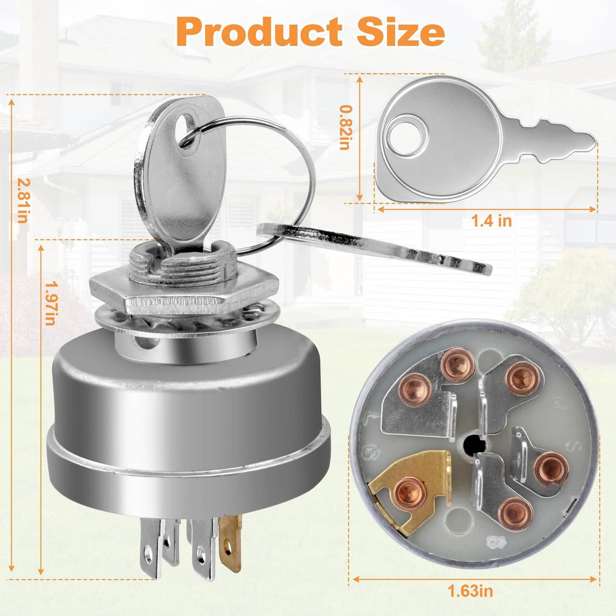 Silver ignition starter switch with key ring and exposed electrical terminals