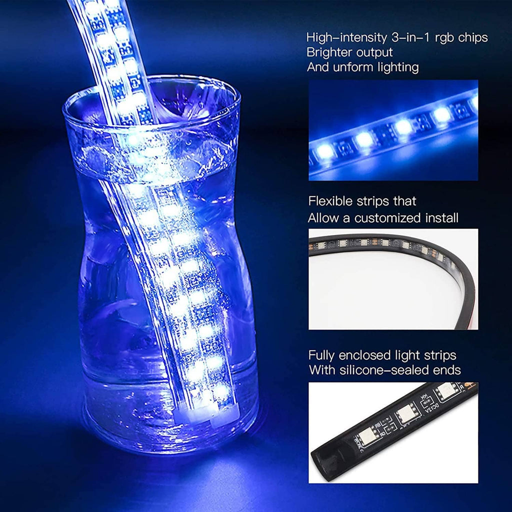 Flexible sealed RGB LED strip with bright blue light chips and bendable strip section.
