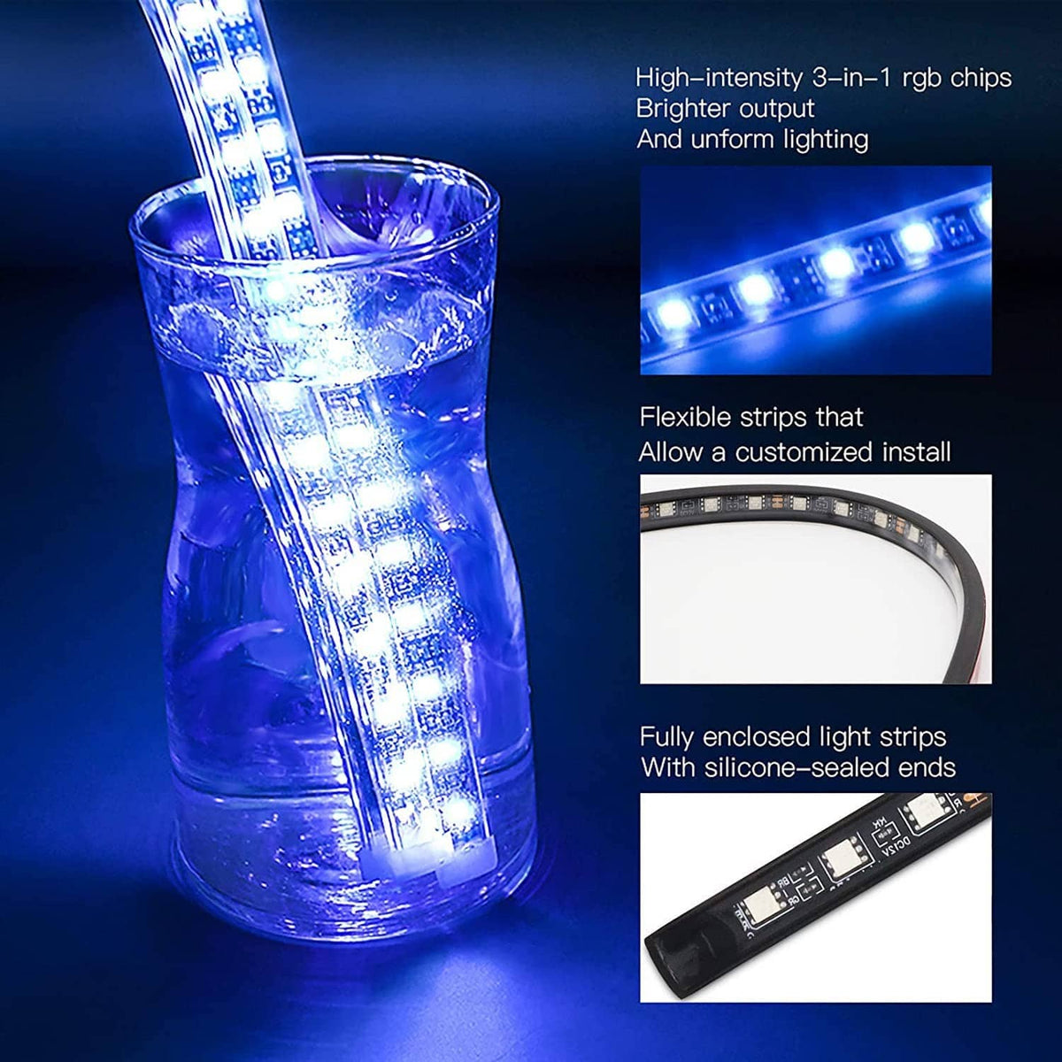 Flexible sealed RGB LED strip with bright blue light chips and bendable strip section.