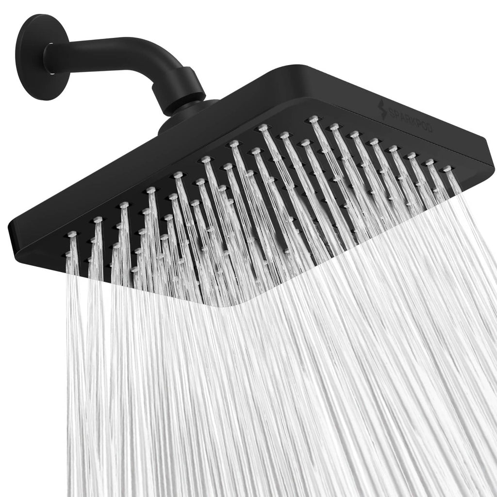 Midnight black matte 8-inch square rain shower head with full spray nozzles