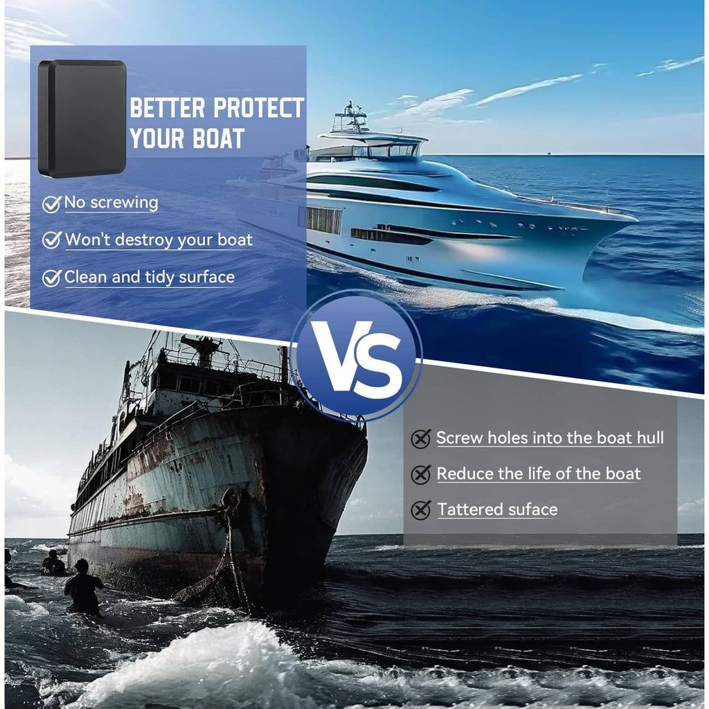 Black transducer mounting plate for boat protection shown with adhesive-backed design