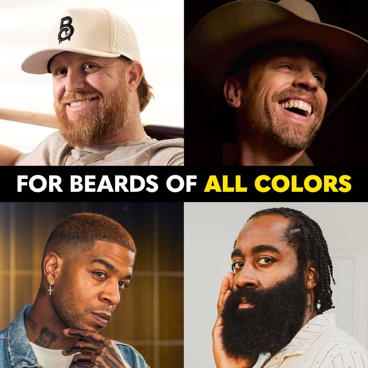 Temporary beard dye showing fuller, darker beard color on model portraits