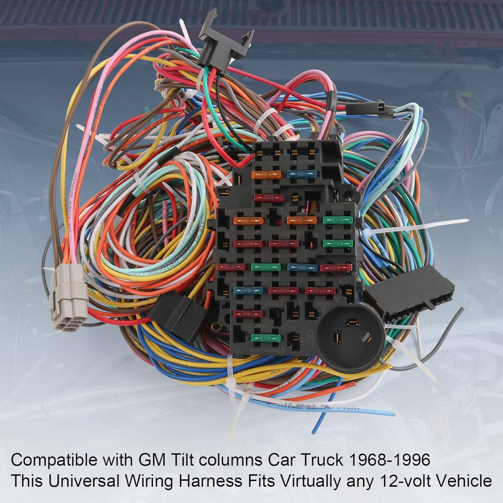 Universal 22-circuit wiring harness showing black fuse panel with bundled multi-color wires