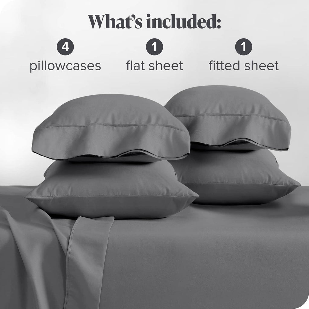 Grey microfiber sheet set with four pillowcases and fitted sheet
