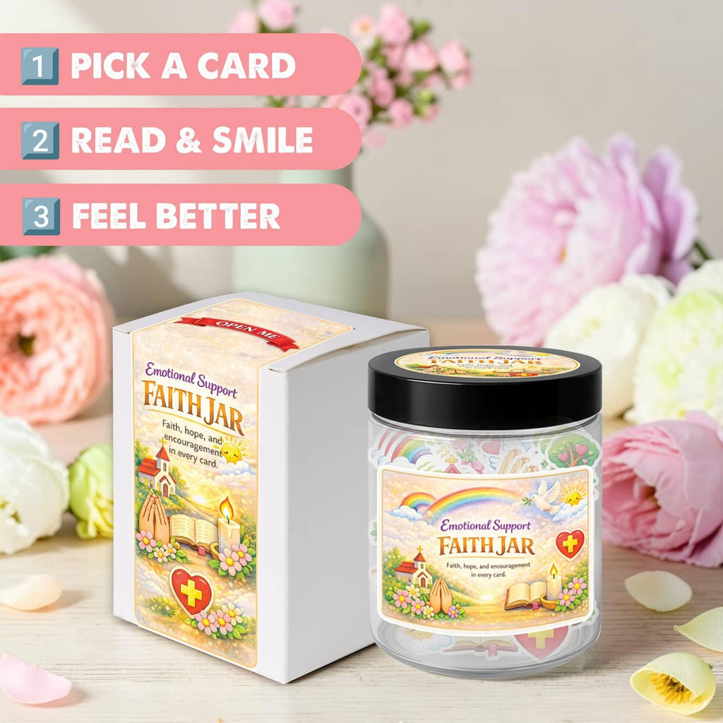 Emotional Support Faith Jar with black lid beside white gift box, colorful faith illustration