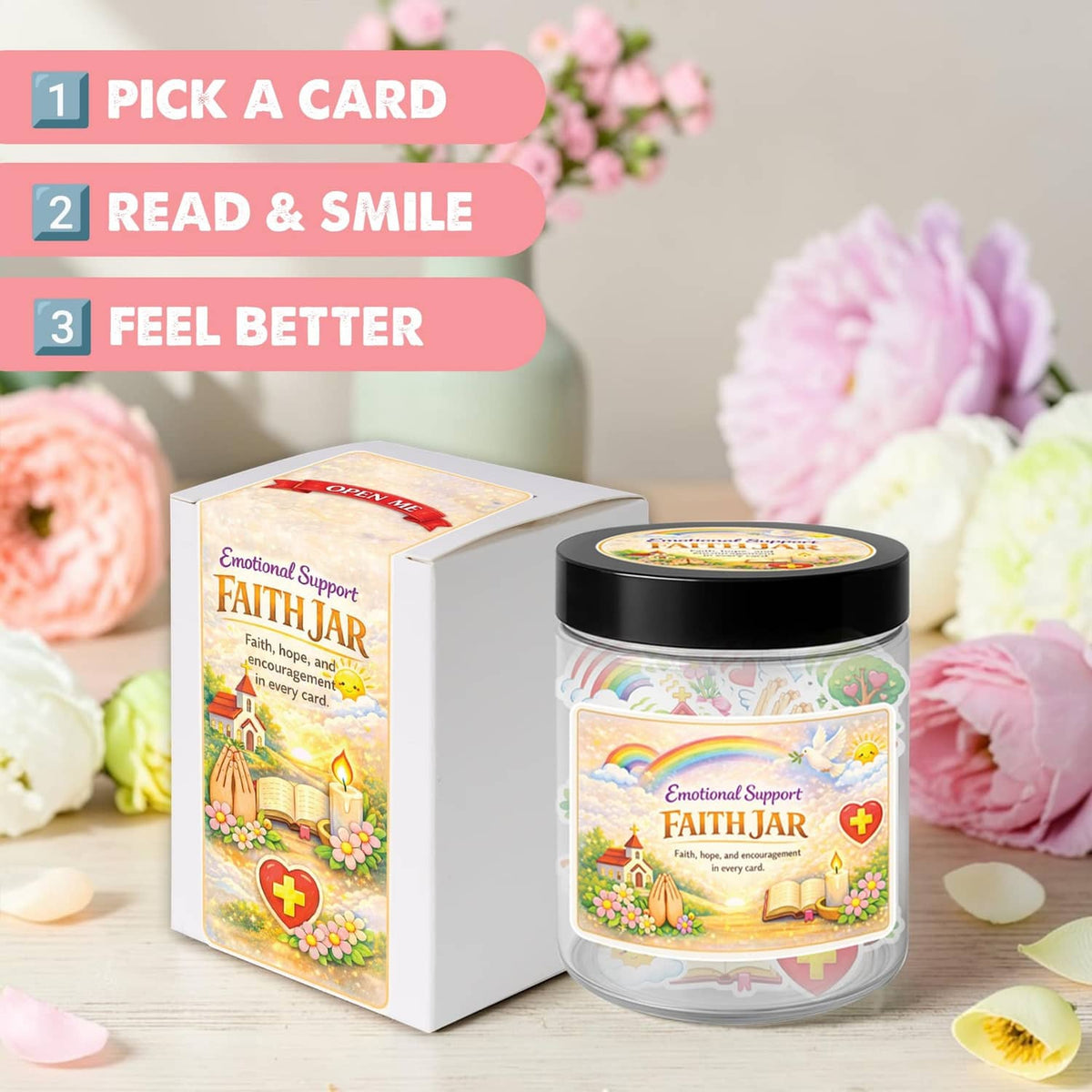 Emotional Support Faith Jar with black lid beside white gift box, colorful faith illustration