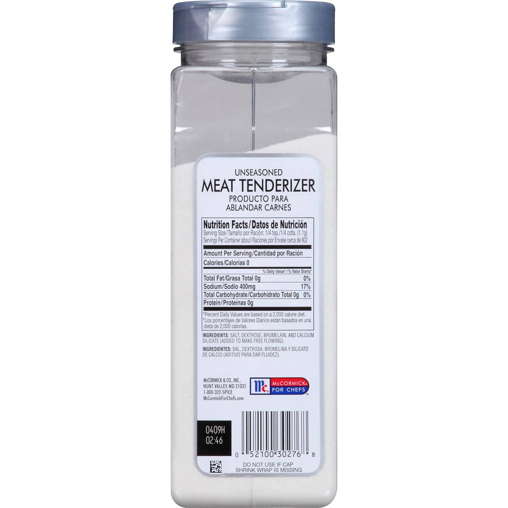 Unseasoned meat tenderizer bottle back panel with nutrition facts and ingredients