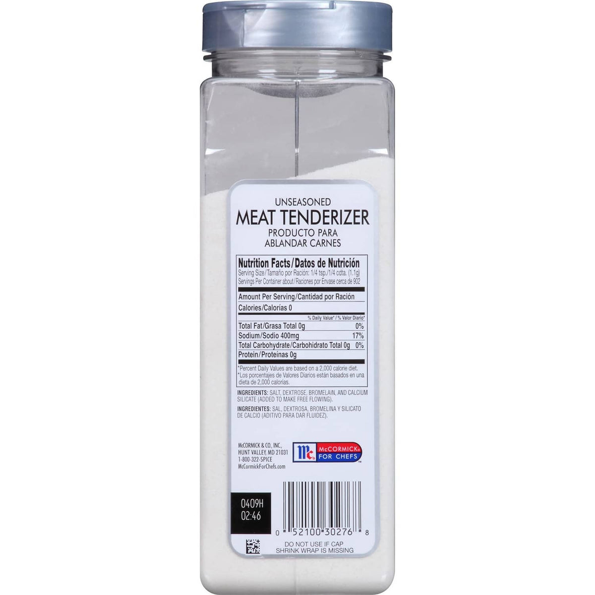 Unseasoned meat tenderizer bottle back panel with nutrition facts and ingredients