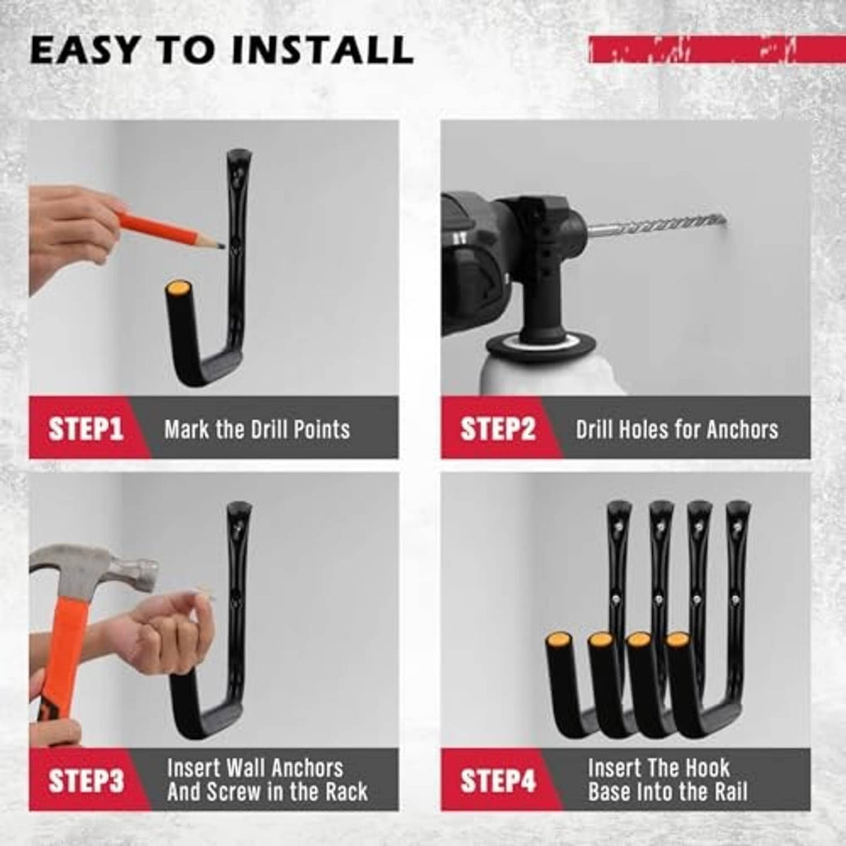 Garage hook set shown with easy installation steps and four hooks in a row