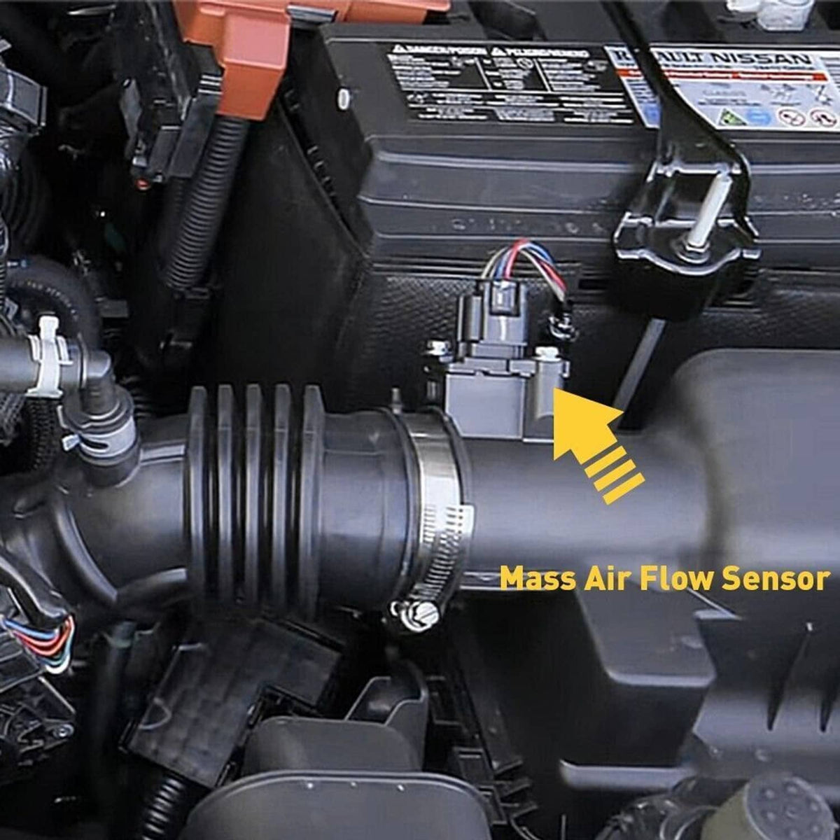 Mass air flow sensor close-up with wiring connector and intake duct connection