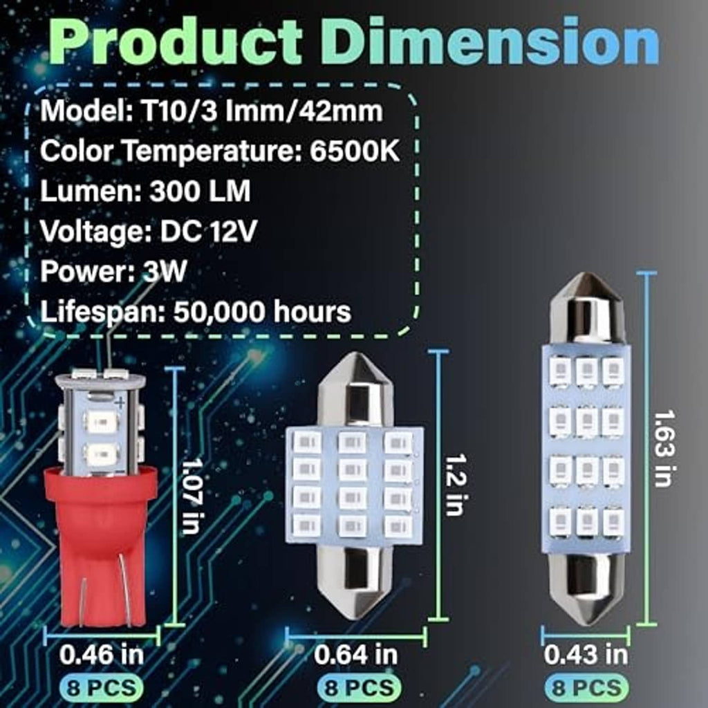 LED T10 dome bulb with red base and white multi-LED board, size measurement graphic