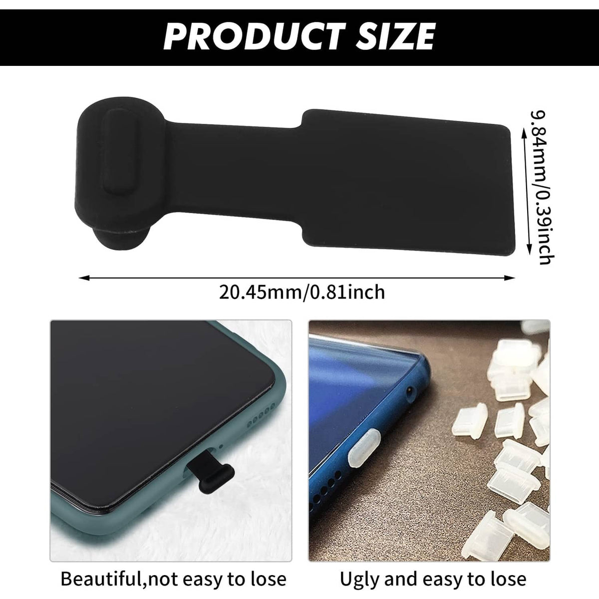 USB-C dust cover plug cap, black silicone, shown with size dimensions