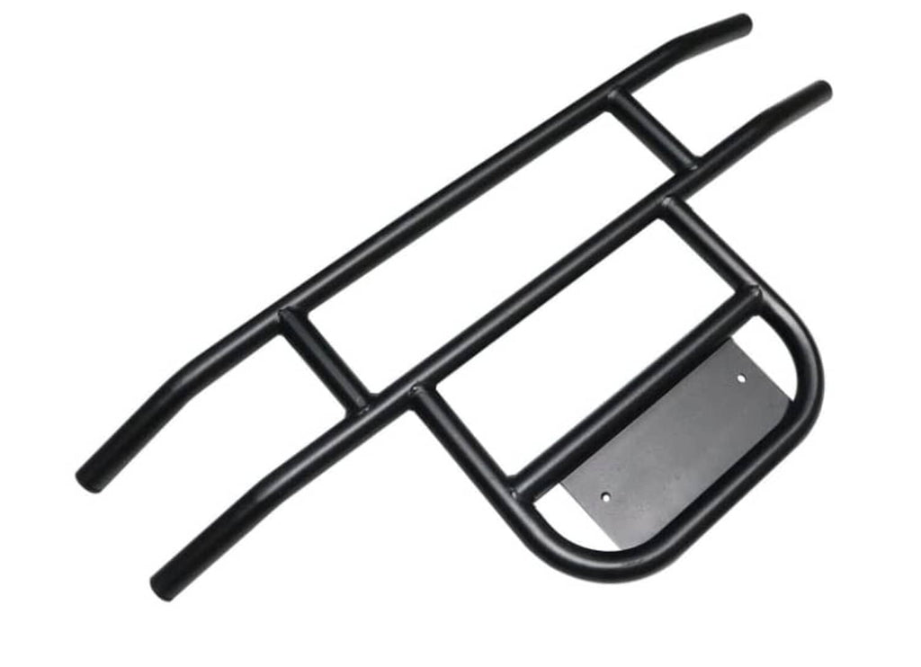 Black golf cart bumper brush guard showing tubular crossbars and curved mounting plate.