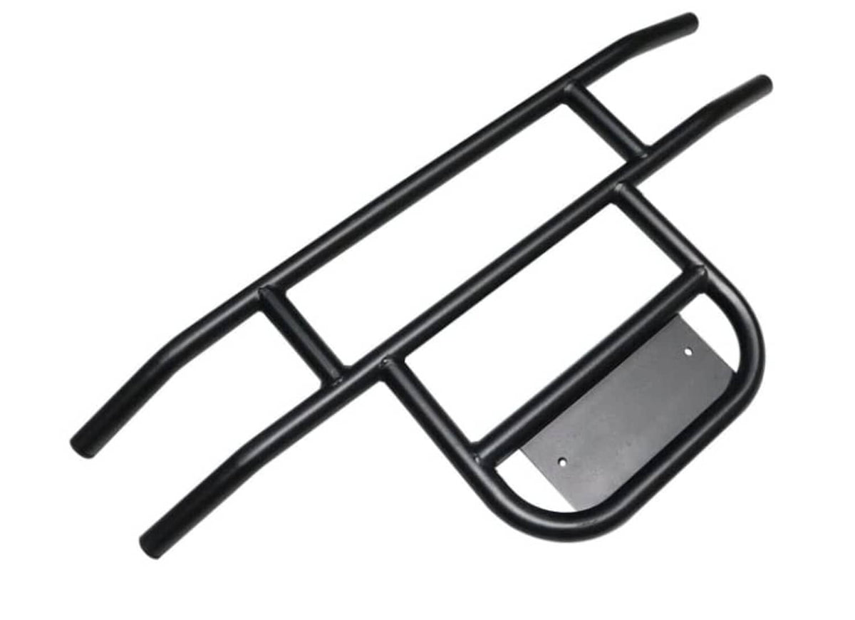 Black golf cart bumper brush guard showing tubular crossbars and curved mounting plate.