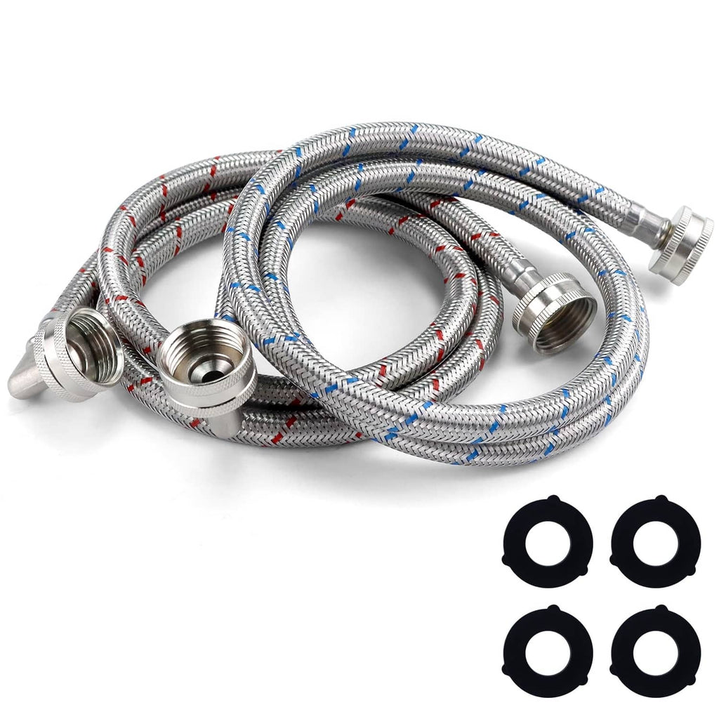 Stainless steel washing machine hoses set with metal couplings and rubber washers