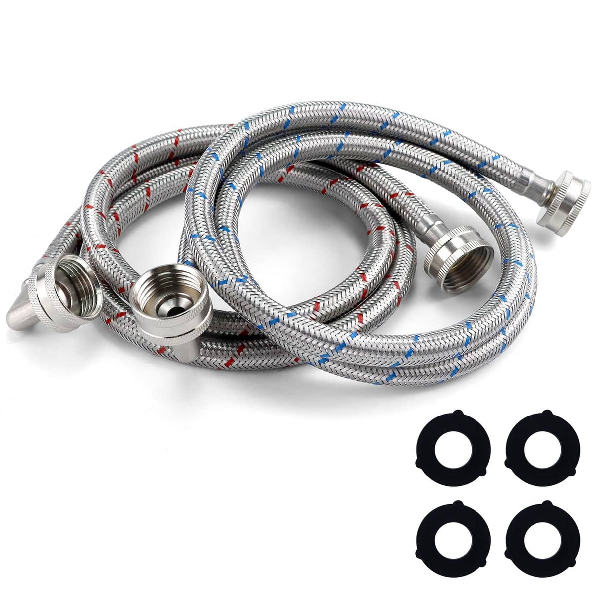 Stainless steel washing machine hoses set with metal couplings and rubber washers