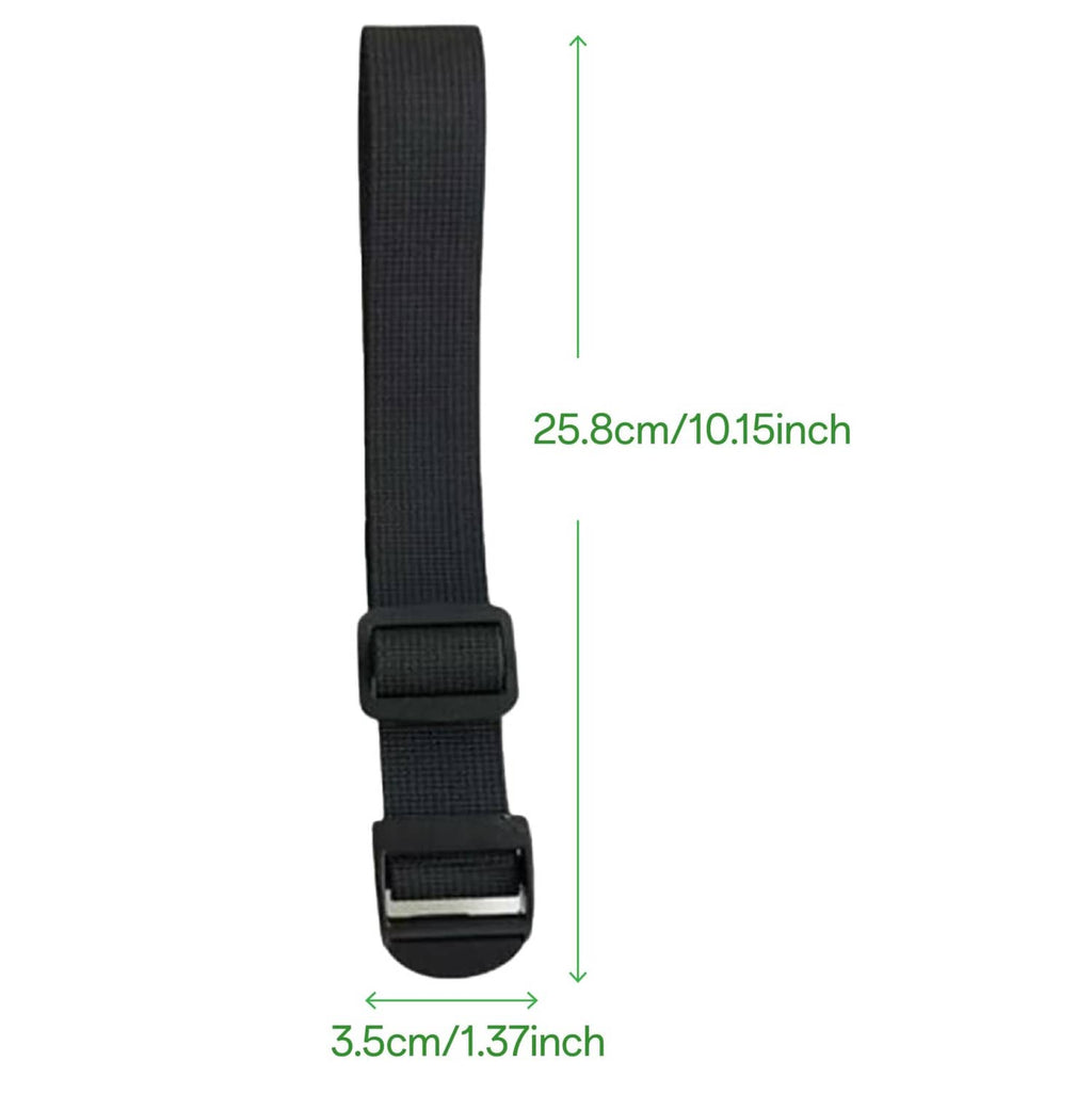Black backpack strap extension with buckle; size diagram 25.8 cm by 3.5 cm.