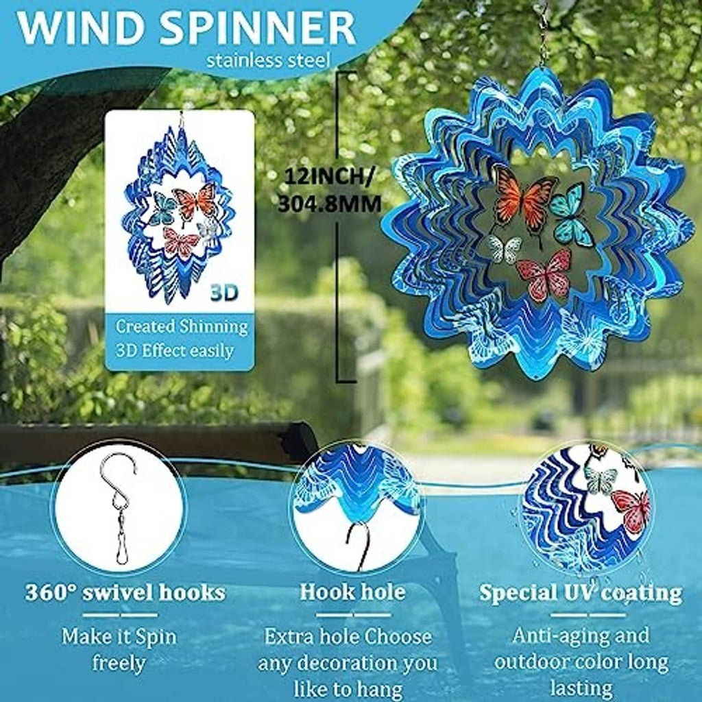 Blue 3D butterfly wind spinner with stainless-steel swirl blades and hanging hook
