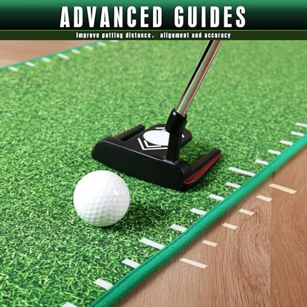 Indoor putting green mat with putter and ball over green surface
