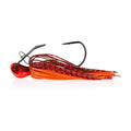 Orange and red bladed fishing jig with black hook and red-striped silicone skirt.