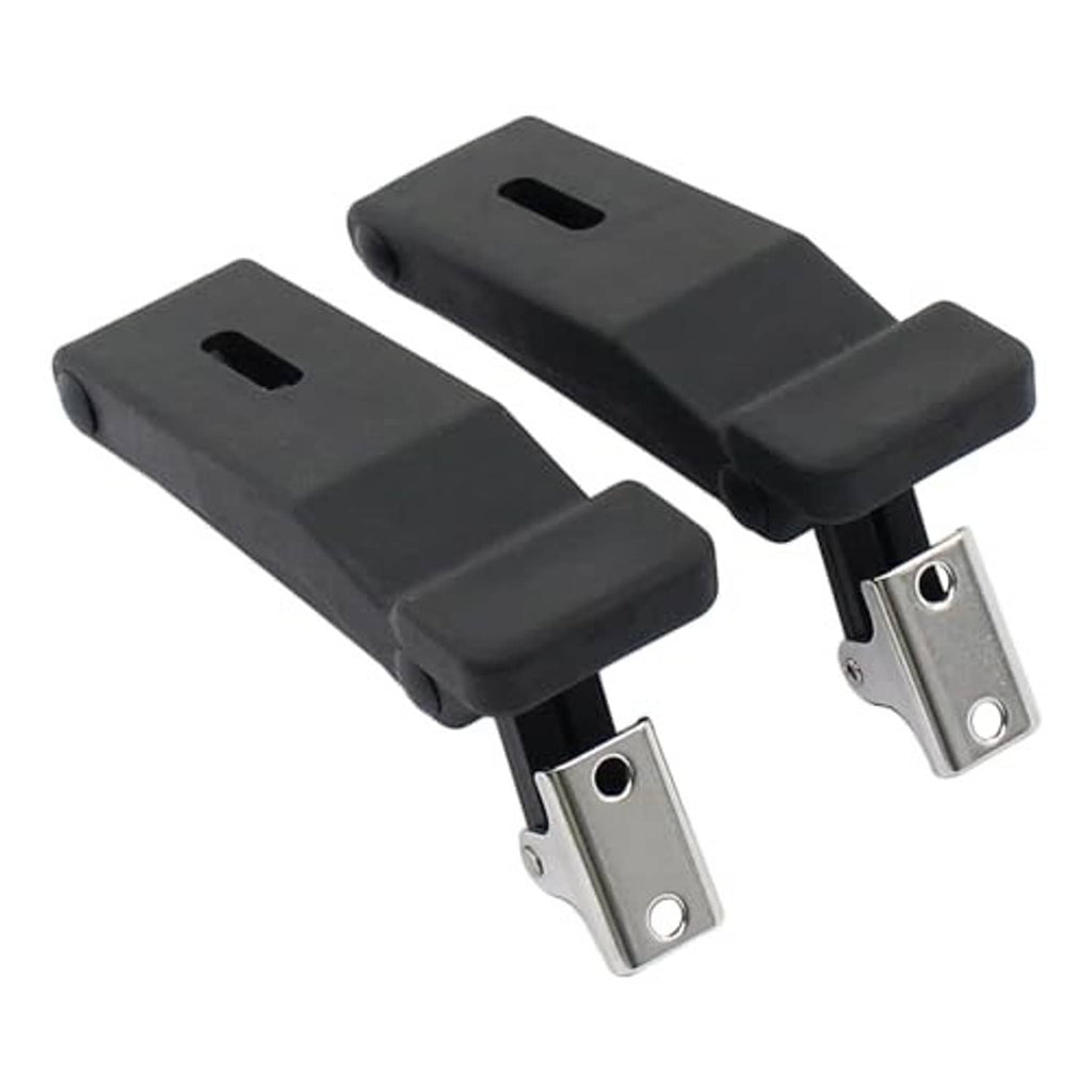 Two black storage rack latch brackets with silver metal bases and mounting hardware