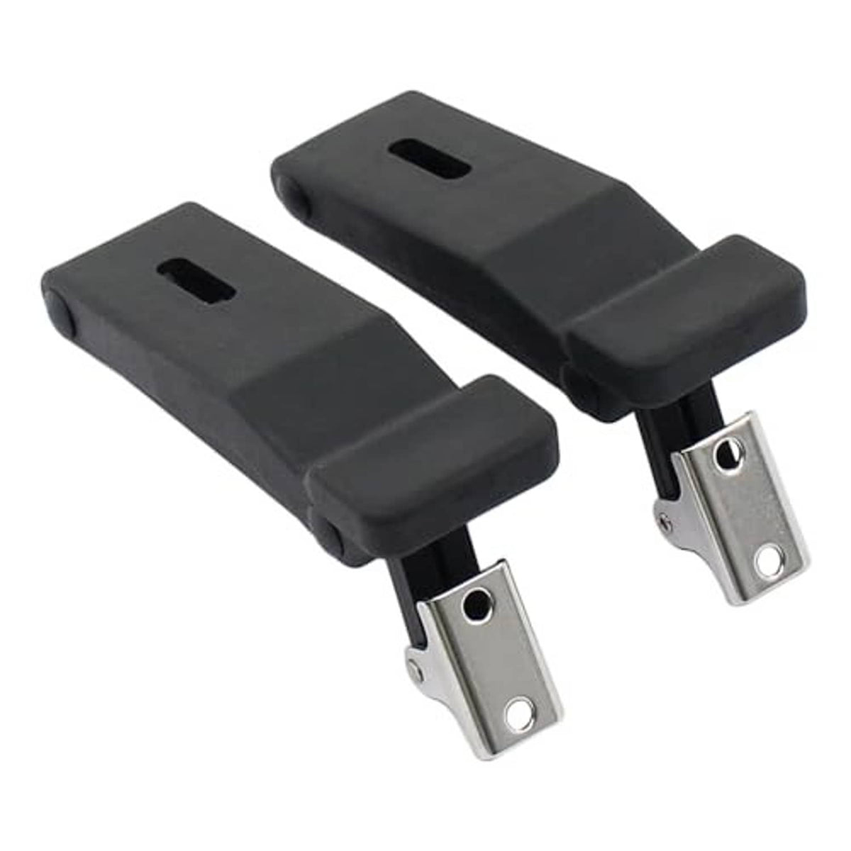 Two black storage rack latch brackets with silver metal bases and mounting hardware
